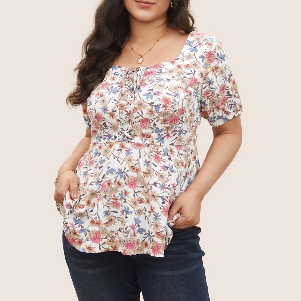 BloomChic Plus Size XL Floral Lace Up Gathered Lantern Sleeve Blouse us14